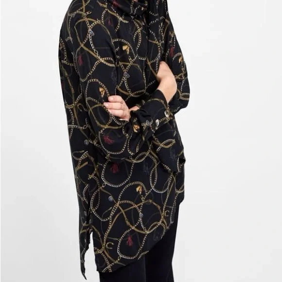 Zara Chain Tassel Horse & Jewel Pattern Tie Neck Tunic XL - Picture 10 of 11